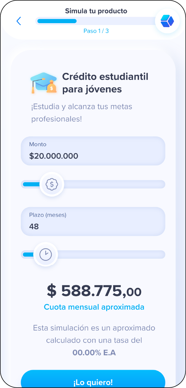Simulación de crédito estudiantil en la plataforma Quuo